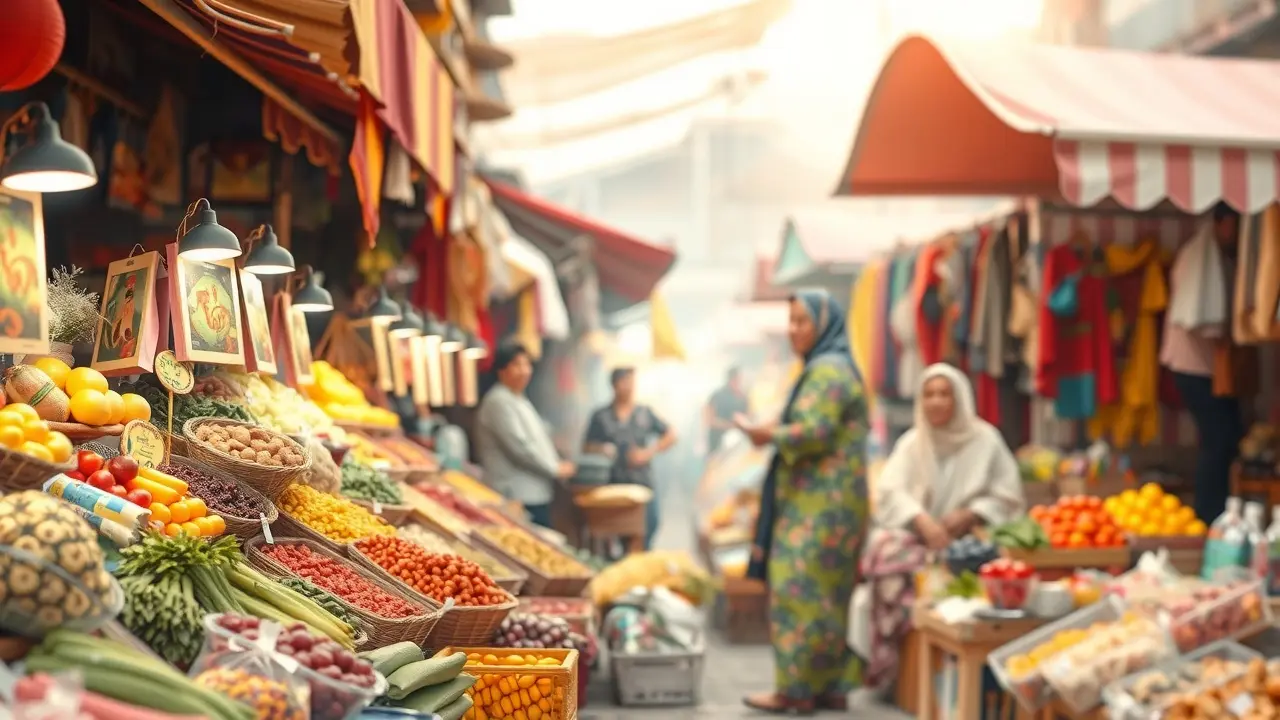Mercado onírico cheio de oportunidades representando sonhar com vendas