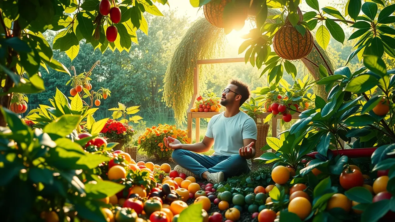 Pessoa meditando em jardim vegetariano.
