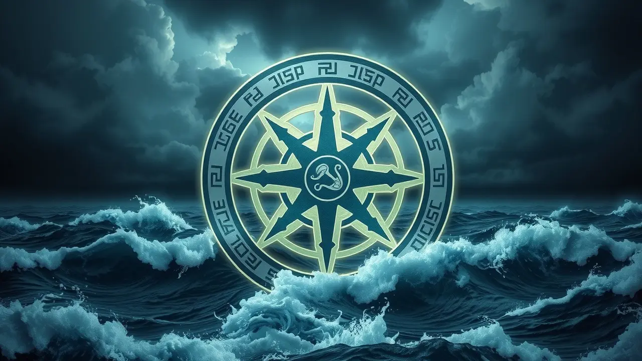 Vegvisir luminoso em meio a tempestade, simbolizando orientação.