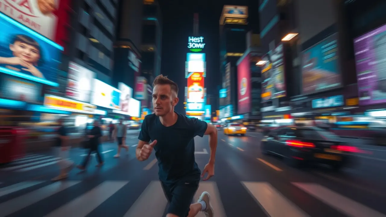 Sonhar com Velocidade: Descubra os Significados Ocultos Ilustração de uma pessoa correndo em alta velocidade na cidade à noite.
