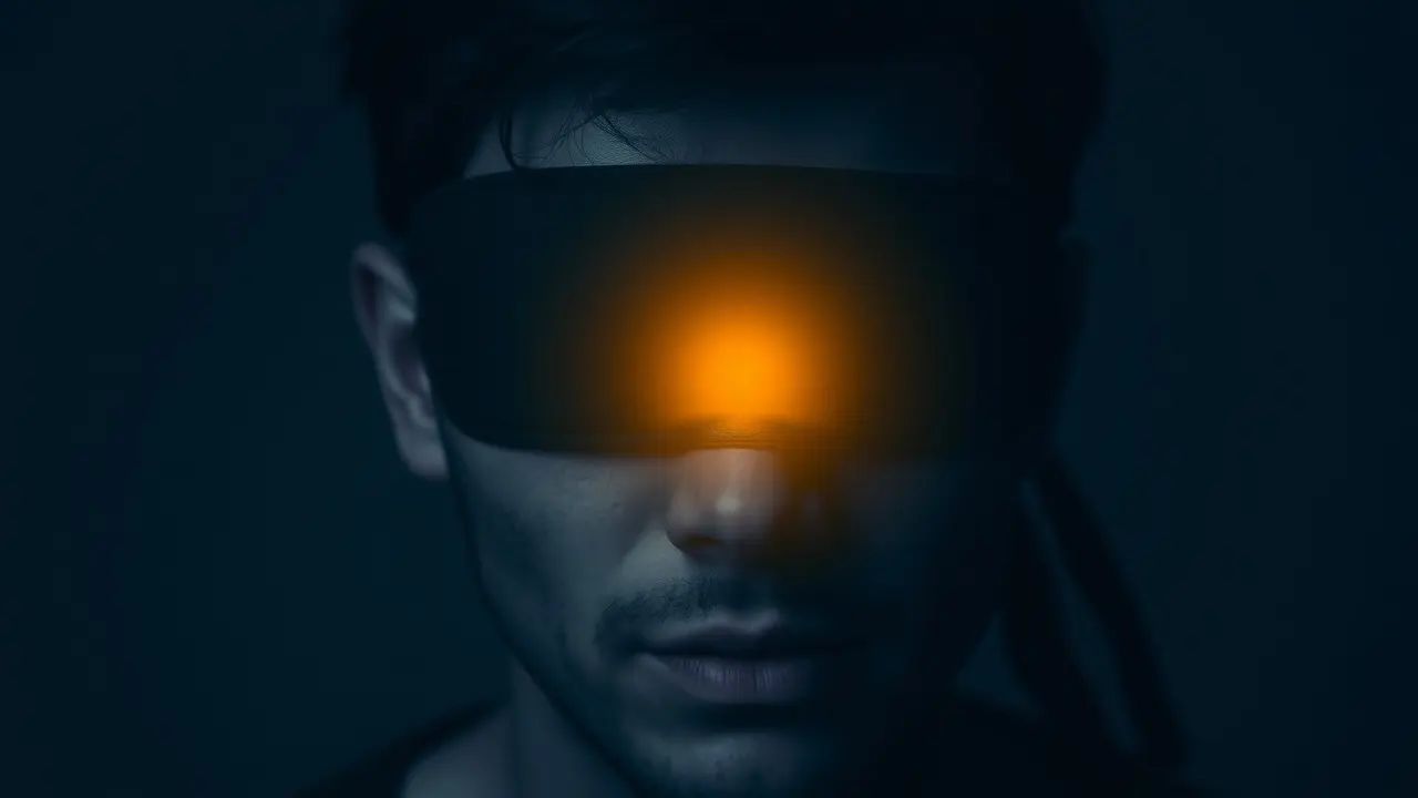 Pessoa vendada com caminho iluminado