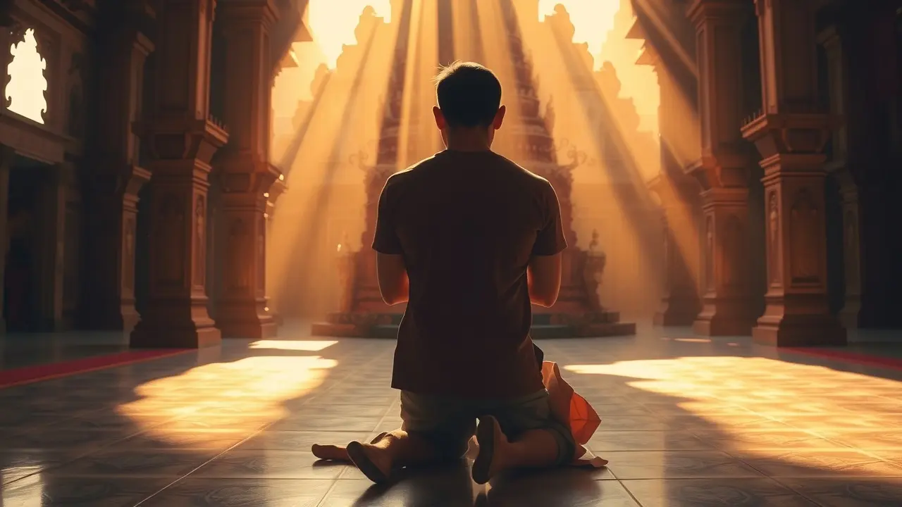 Sonhar com Veneração: Descubra o Significado e as Interpretações Pessoa em oração num templo iluminado