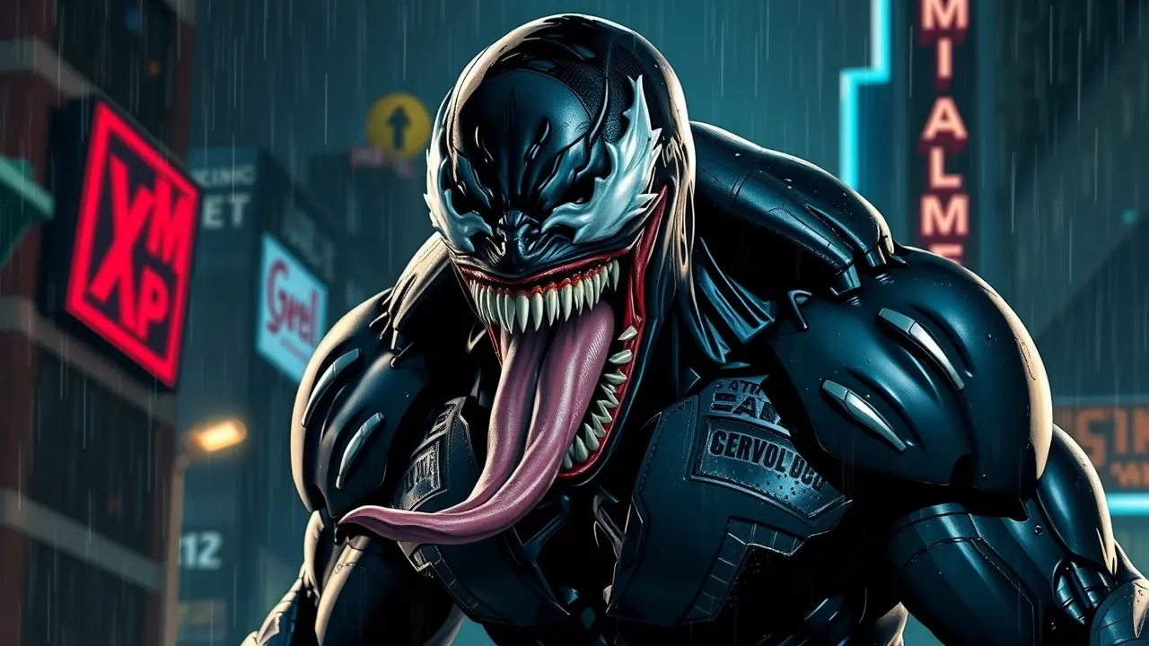 Venom com dentes afiados em fundo urbano.