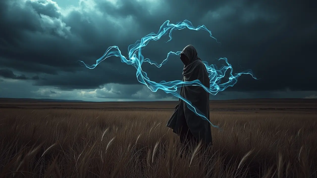 Pessoa solitária enfrentando vento-minuano em sonho.