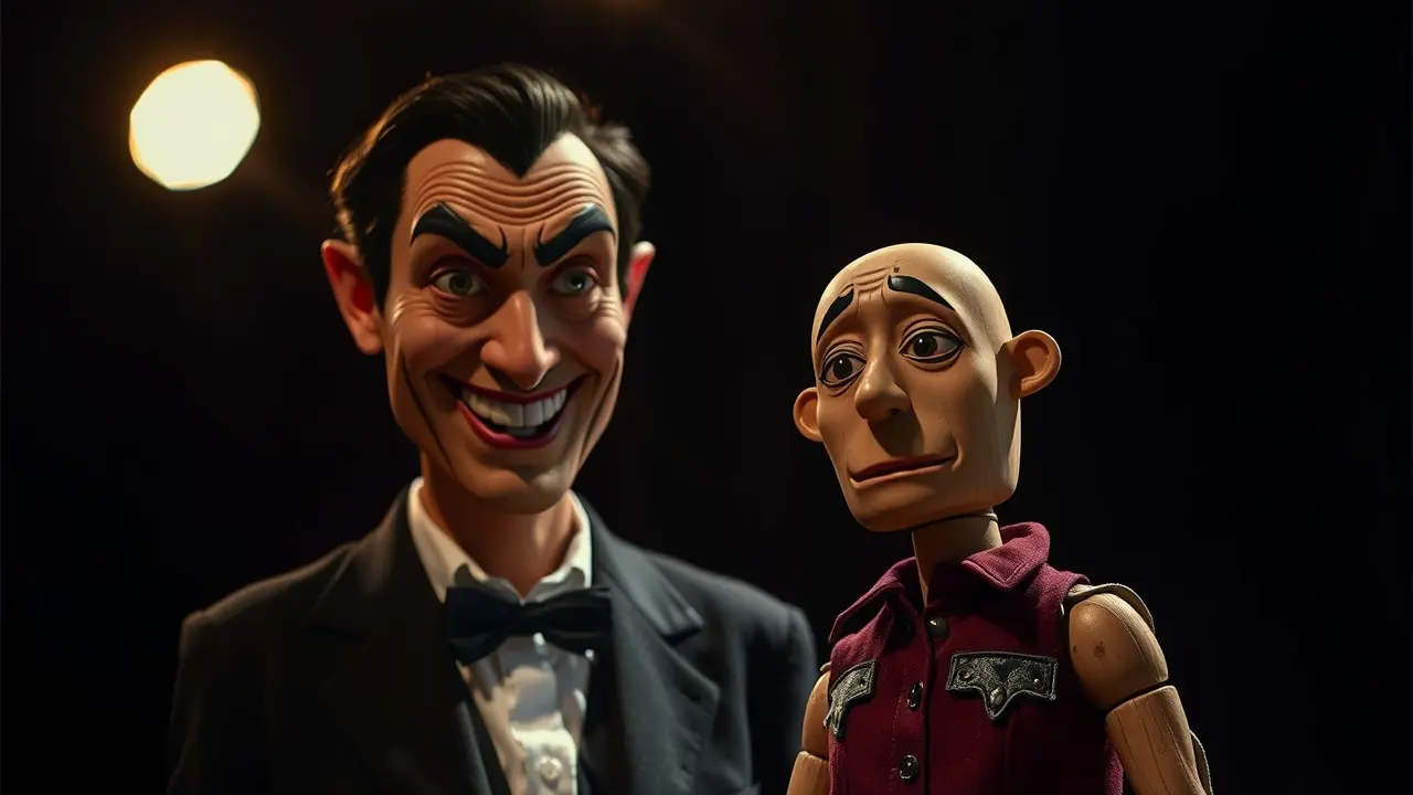 Significado de Sonhar com Ventríloquo: Vozes Ocultas e Manipulação Ventríloquo e boneco em palco com iluminação dramática.