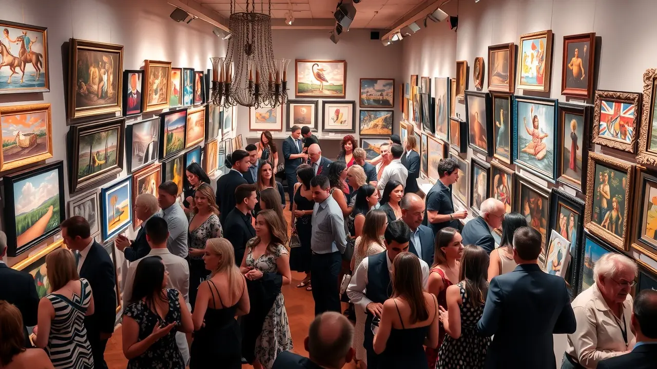 Sonhar com Vernissage: Descubra o Significado Oculto! Vernissage movimentada com diversas obras de arte