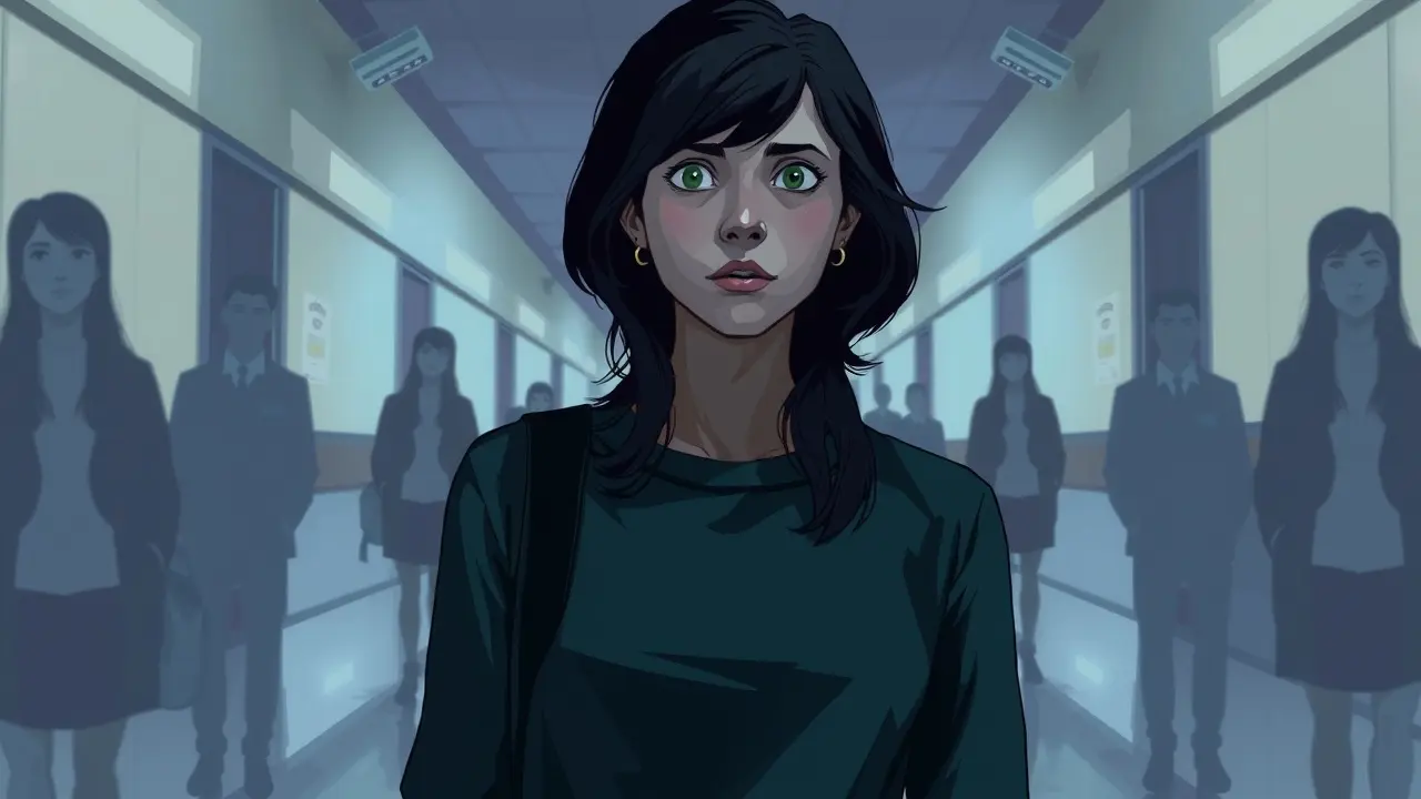 Ilustração onírica de Veronica Sawyer em corredor escolar.