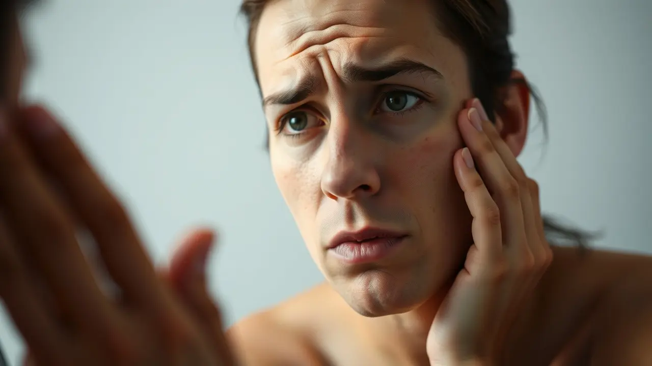 Pessoa olhando para verruga no espelho