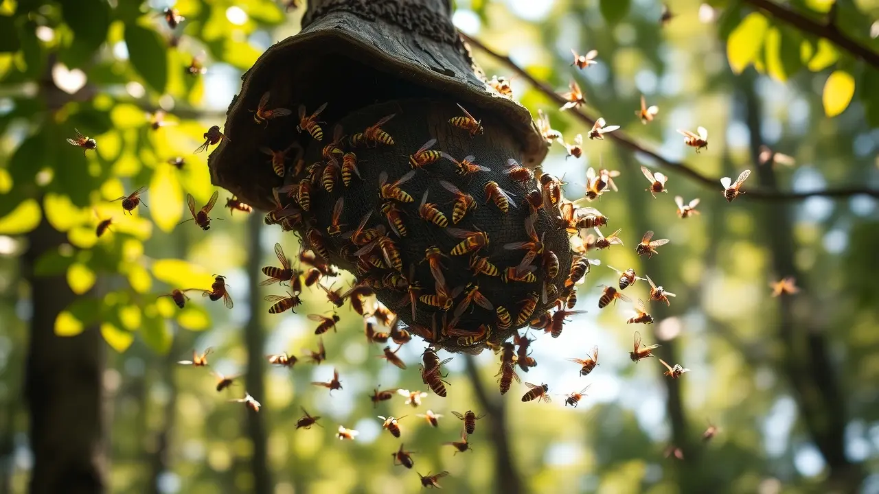 Sonhar com Vespa-Asiática: Desvendando os Significados Ocultos Vespas-asiáticas zumbindo ao redor de um ninho.