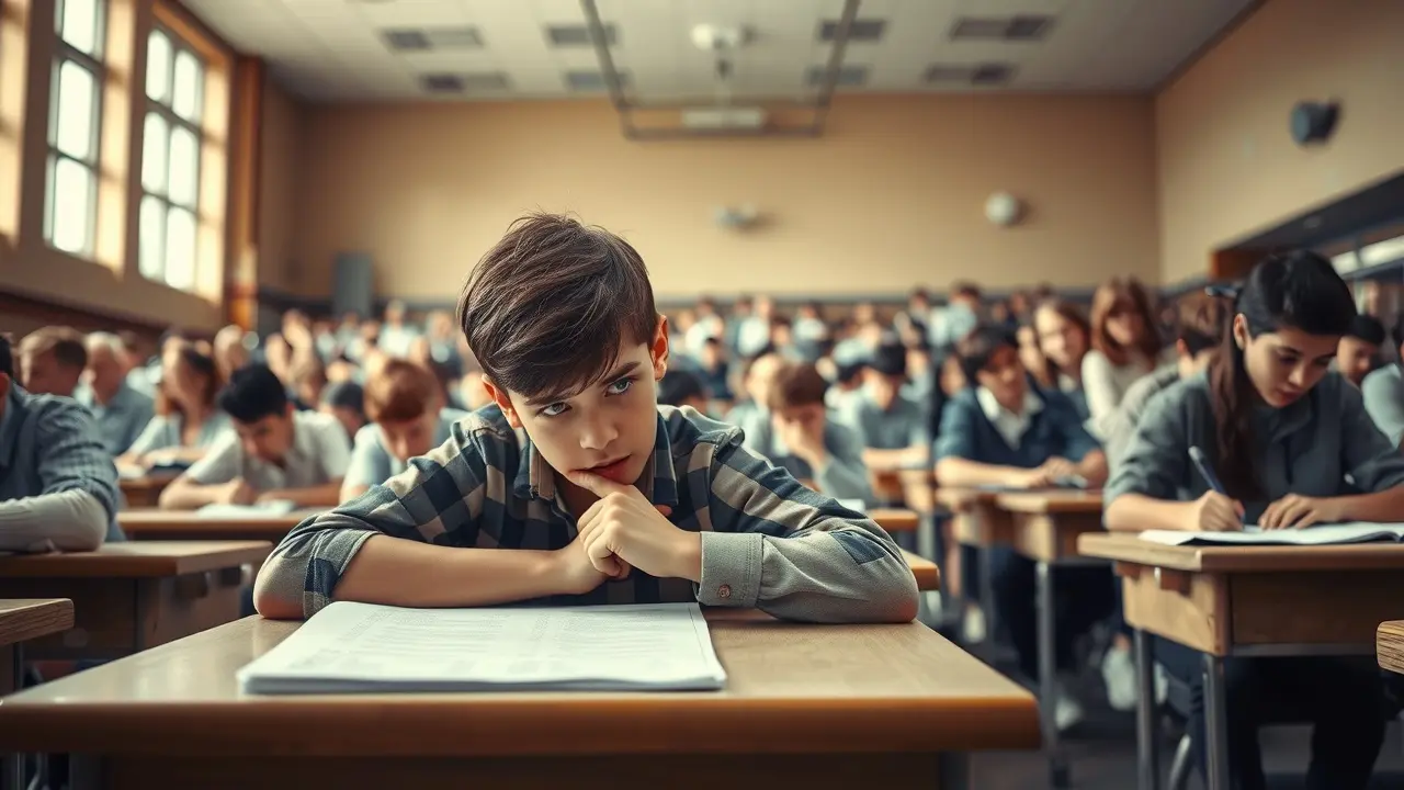 Estudante ansioso fazendo vestibular.