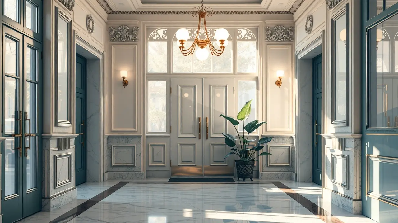 Vestíbulo iluminado com detalhes em mármore.