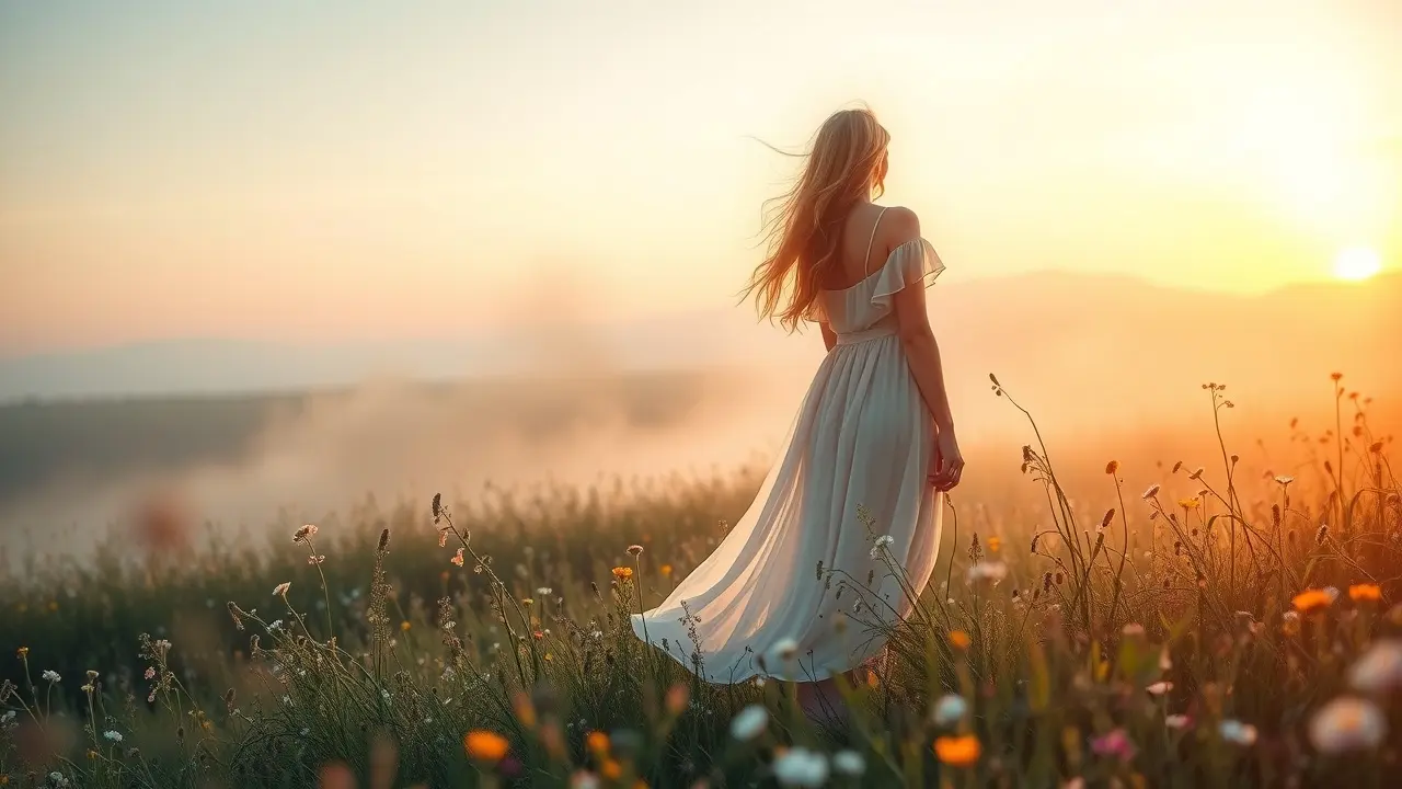Significado de Sonhar com Vestido: Descubra as Mensagens Ocultas Mulher em campo florido usando vestido leve e etéreo.