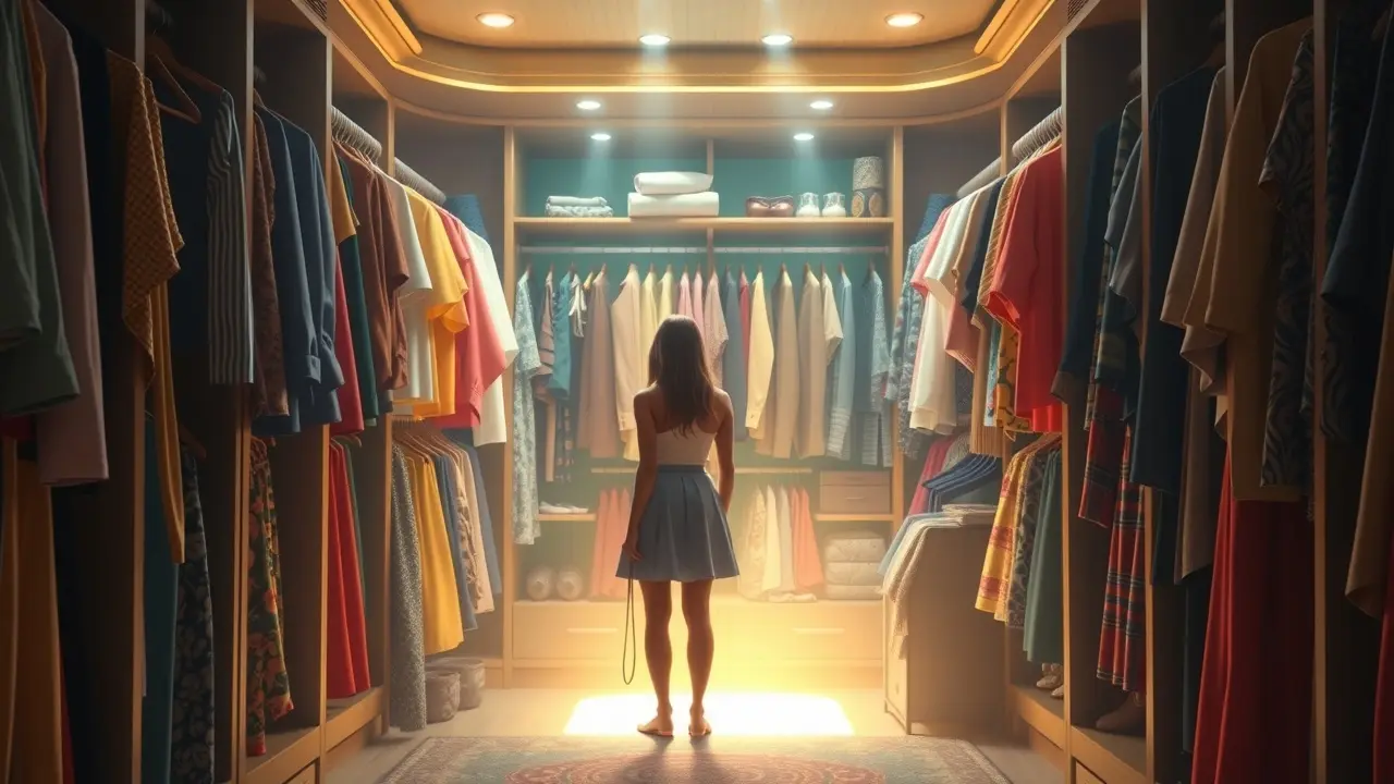 Sonhar com Vestuário: Descubra os Significados Ocultos Mulher em frente a guarda-roupa cheio de roupas coloridas.