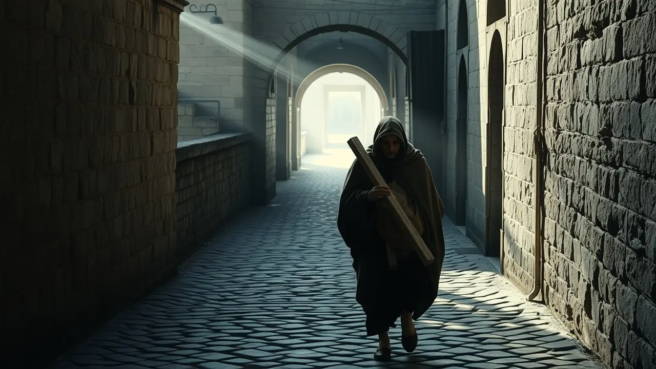 Figura solitária caminhando na Via Dolorosa, simbolizando provação e esperança.