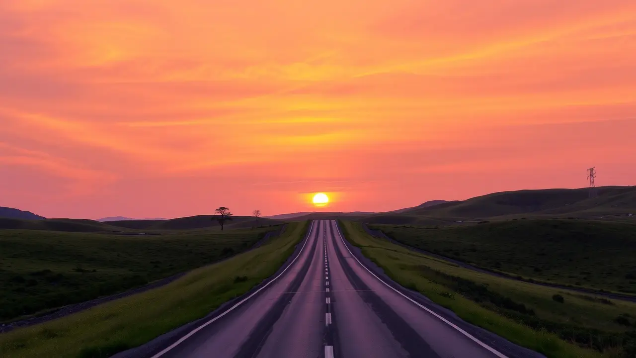 Estrada ao pôr do sol, simbolizando jornada e escolhas.