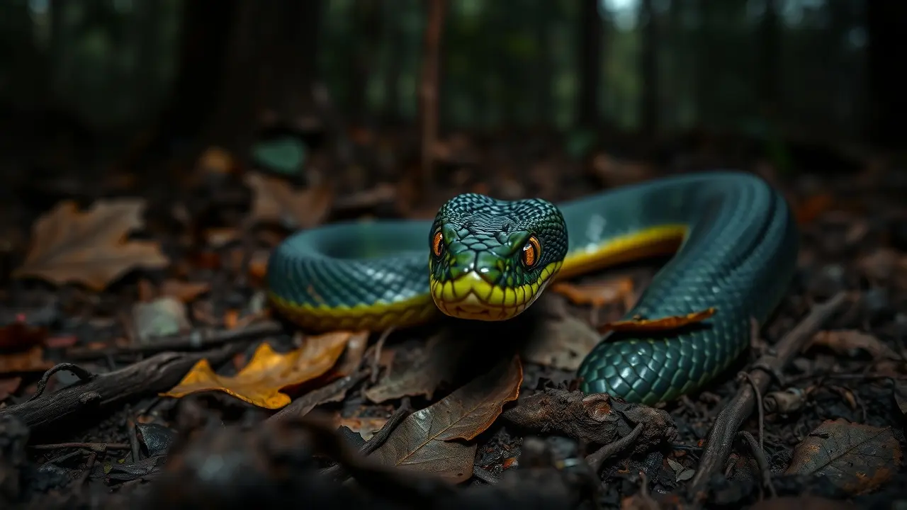 Sonhar com Víbora: Descubra os Significados e Interpretações! Víbora ameaçadora em floresta escura.