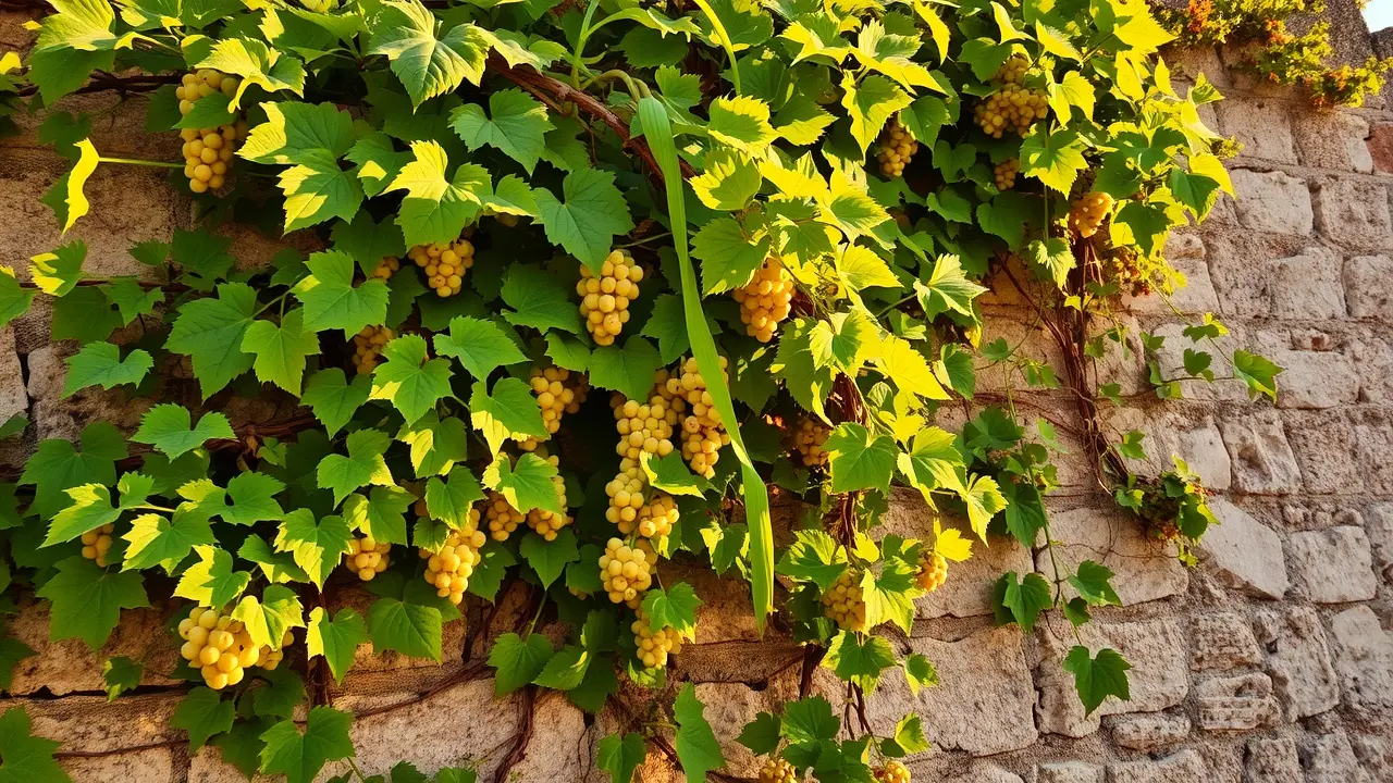 Videira-selvagem exuberante em parede de pedra.