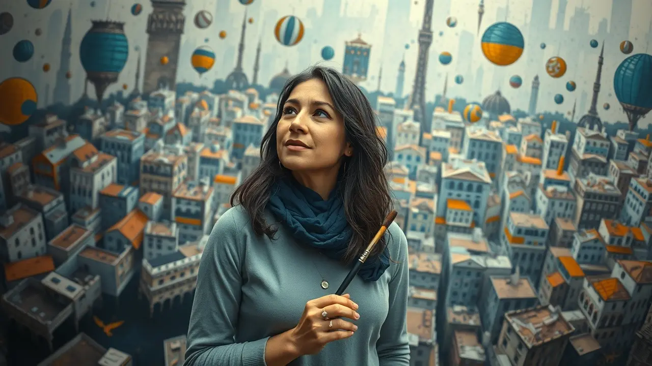 Vieira da Silva em frente a uma cidade labiríntica.