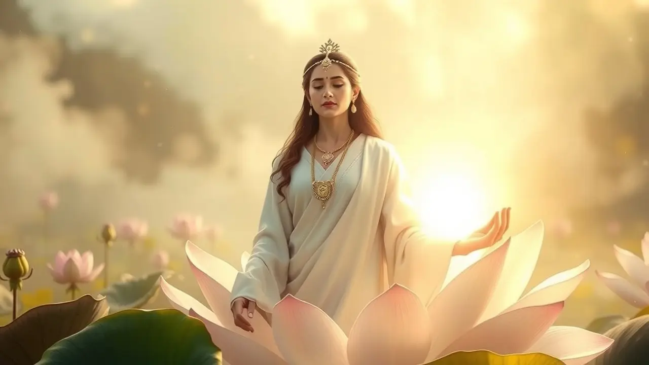 Mulher vestida de branco em paisagem onírica, representando Vimala.