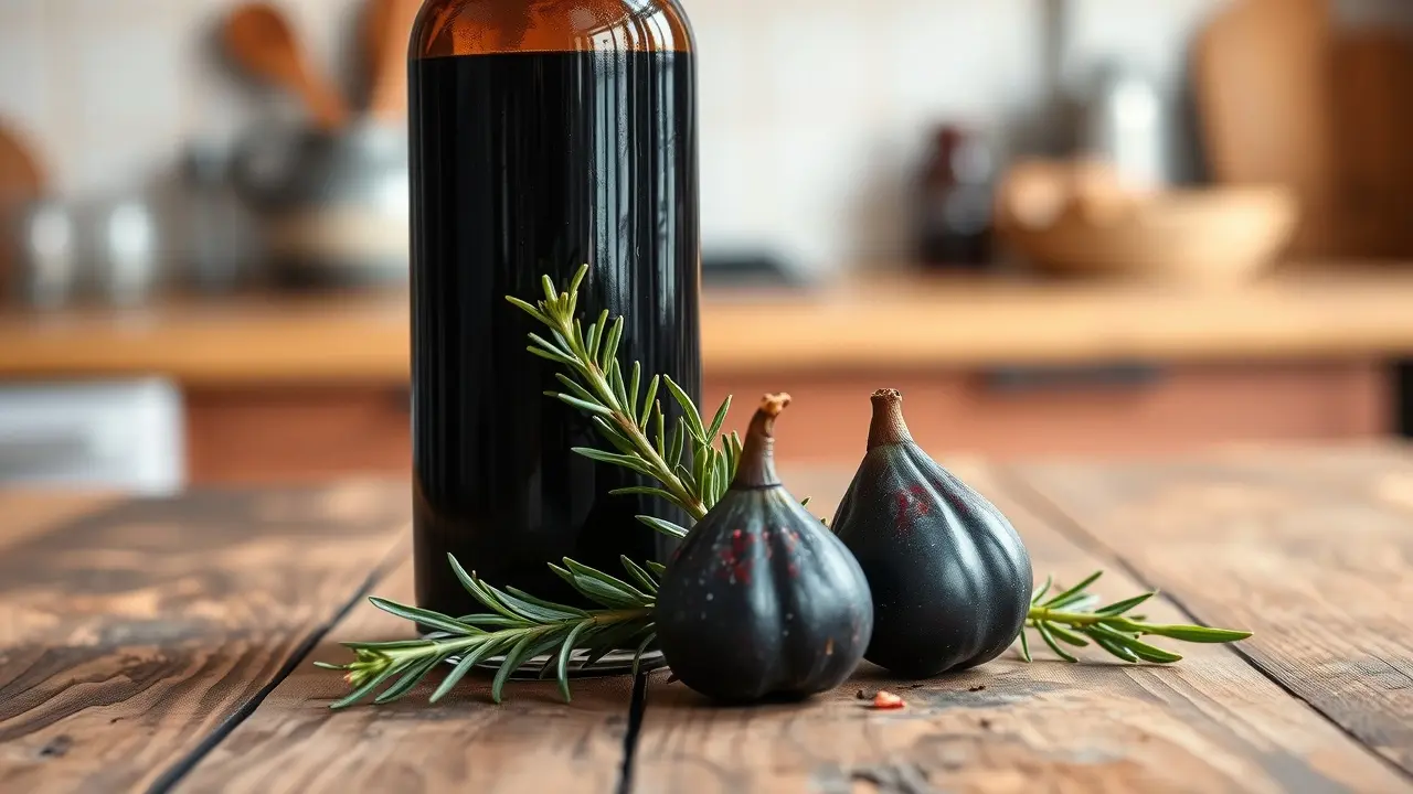 Garrafa de vinagre balsâmico com alecrim e figos