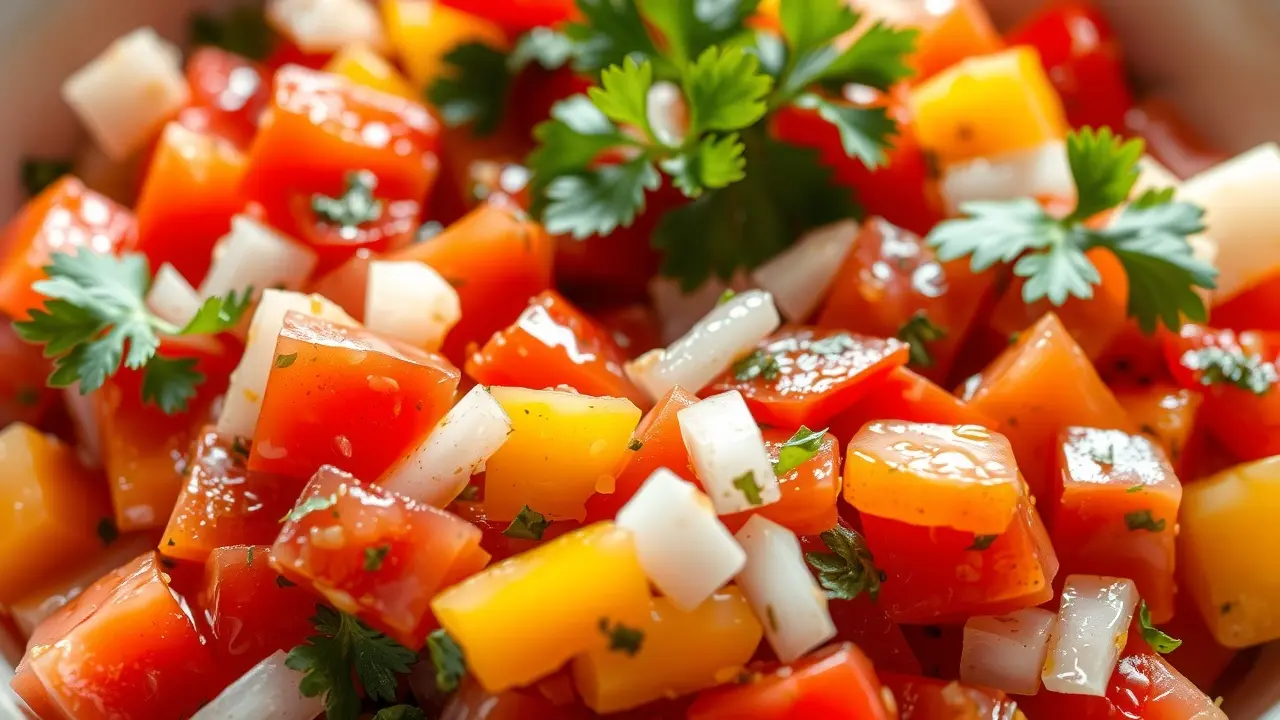 Tigela de vinagrete fresco e colorido.