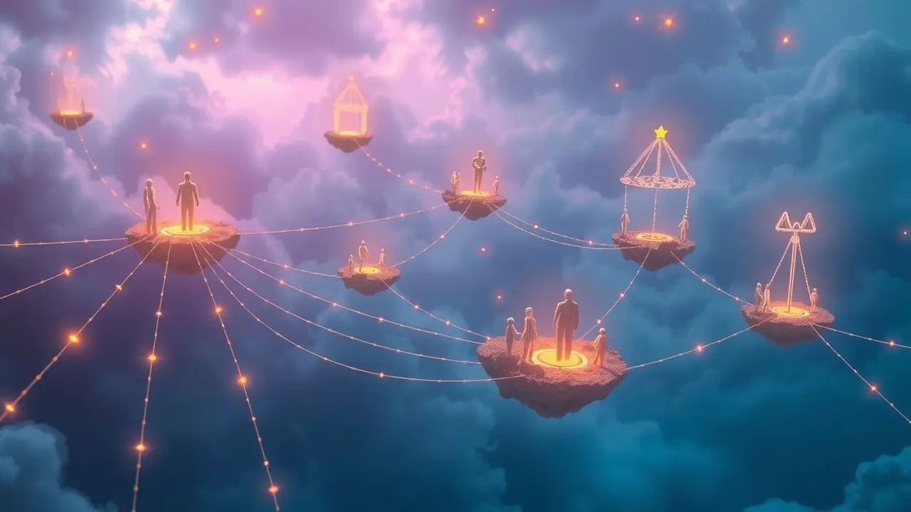 Sonhar com Vinculação: Descubra os Significados Ocultos Ilustração onírica de correntes conectando pessoas a ilhas flutuantes.