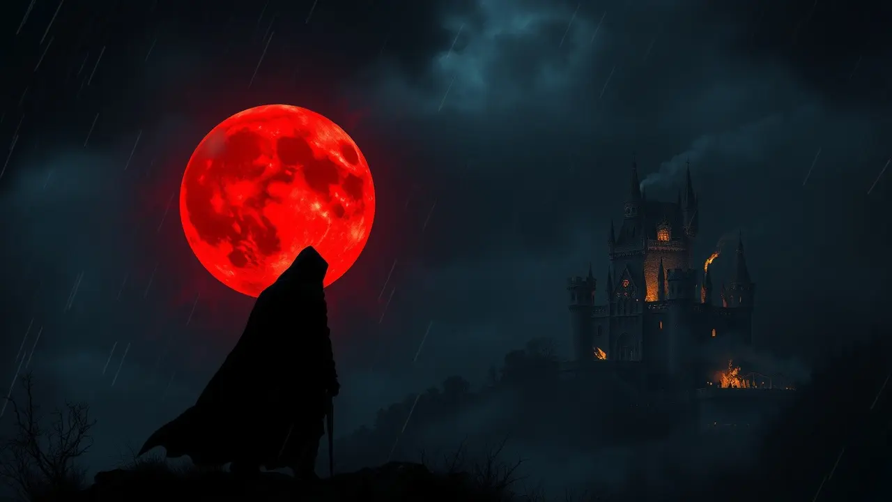 Sonhar com Vingança: Descubra o Significado Oculto Pessoa sombria com aura de vingança sob lua vermelha.