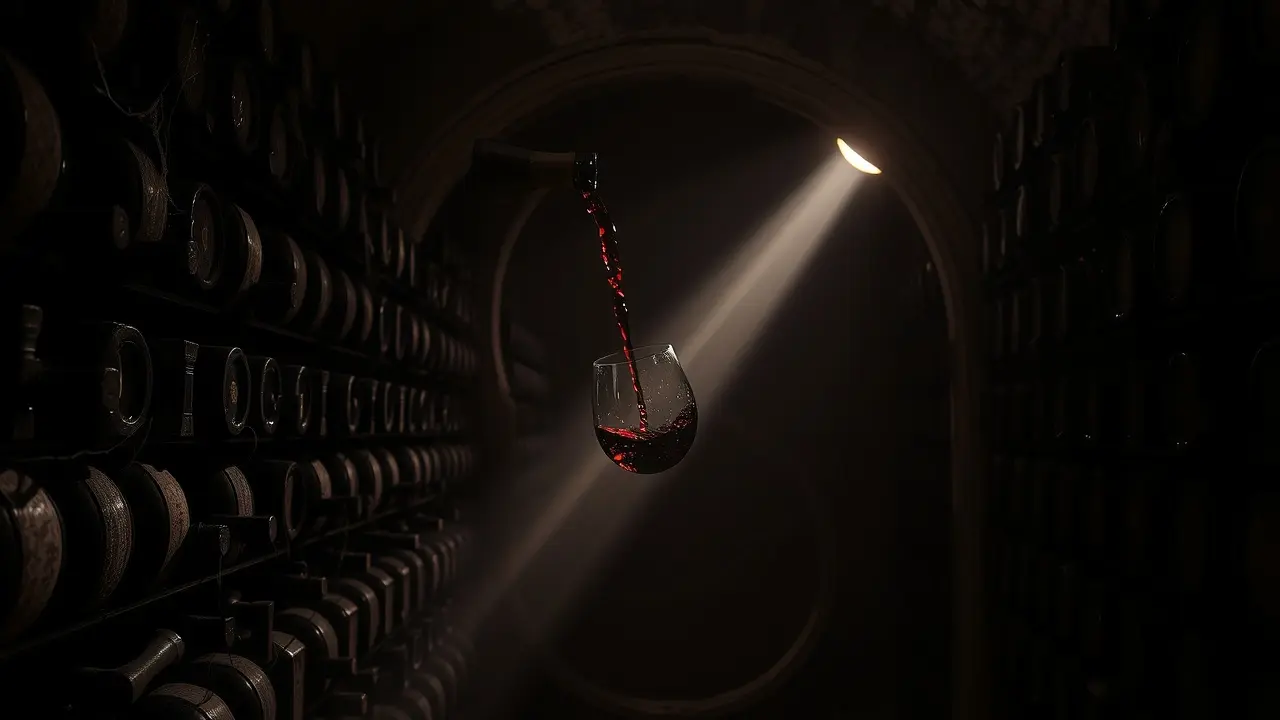 Adegada antiga com garrafas de vinho e um copo de vinho tinto sendo servido