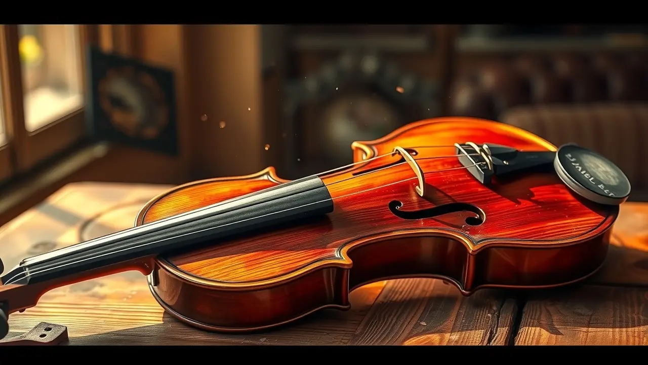 Viola repousando em mesa de madeira
