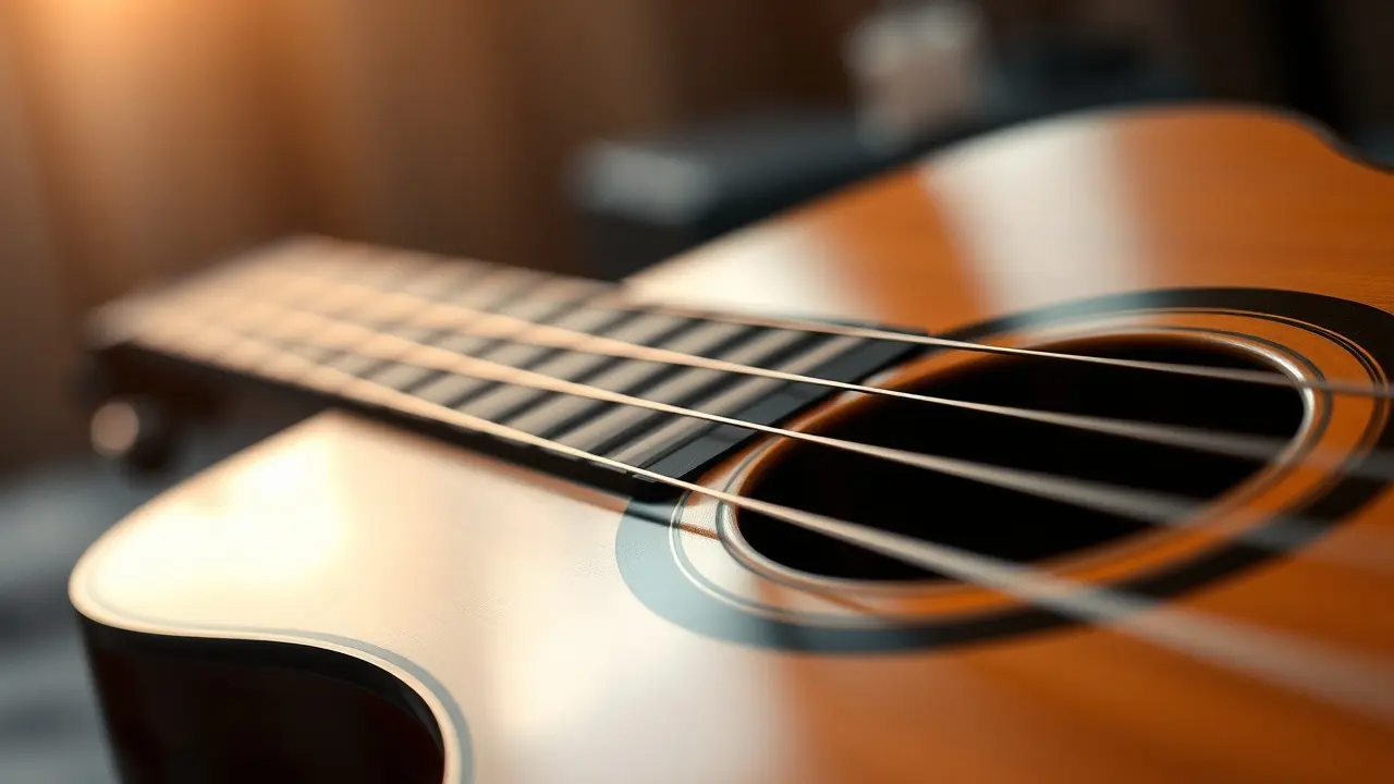 Violão acústico com cordas em detalhe.