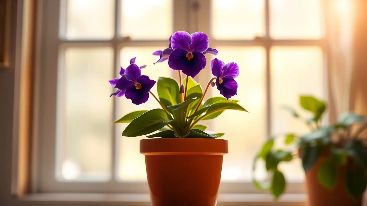 Violeta-africana florida em vaso de barro.