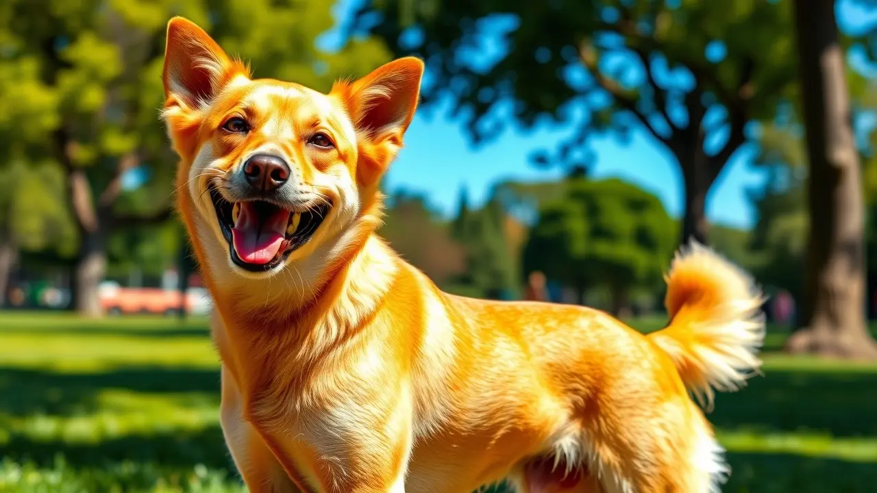 Vira-lata feliz em parque ensolarado