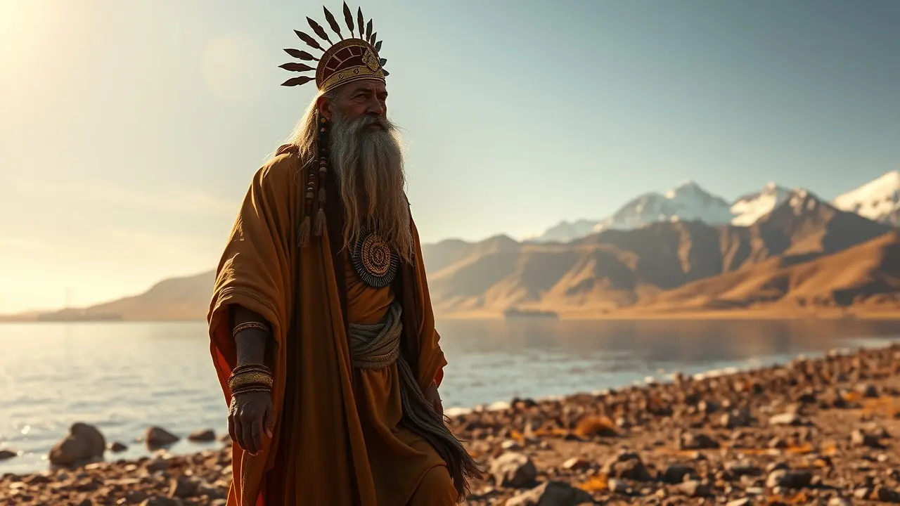Sonhar com Viracocha: Descubra o Significado e as Mensagens Ocultas Homem barbudo e idoso representando Viracocha na beira do Lago Titicaca.