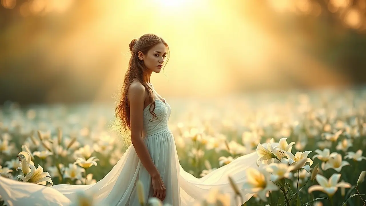 Sonhar com Virgem: Descubra o Significado e as Interpretações Mulher vestida de branco em campo de lírios, representando pureza