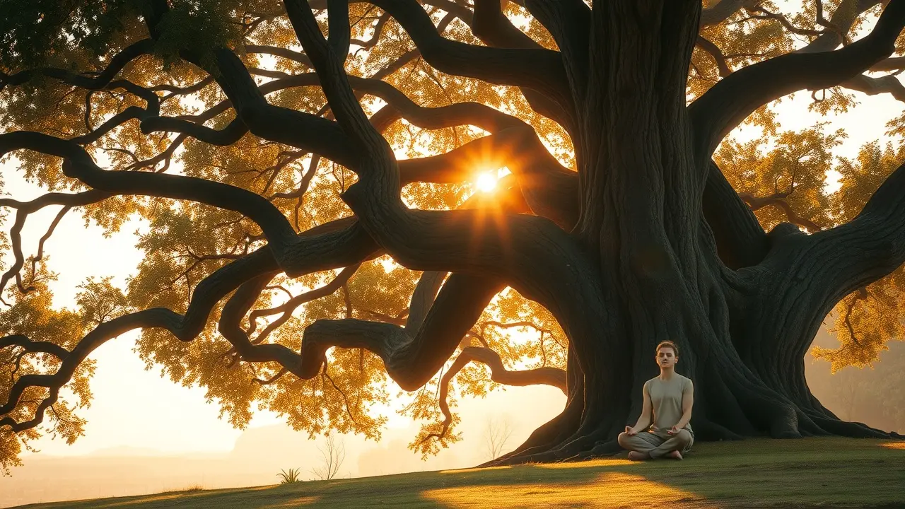 Significado de Sonhar com Virtude: Um Guia Completo Pessoa meditando sob árvore, amanhecer sereno.
