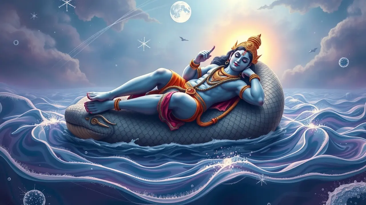 Vishnu repousando sobre Shesha em sonho