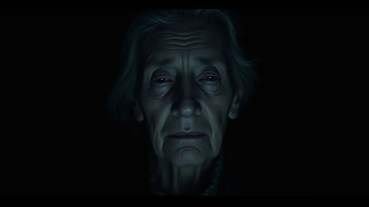 Vitalina Varela com expressão melancólica em ambiente escuro