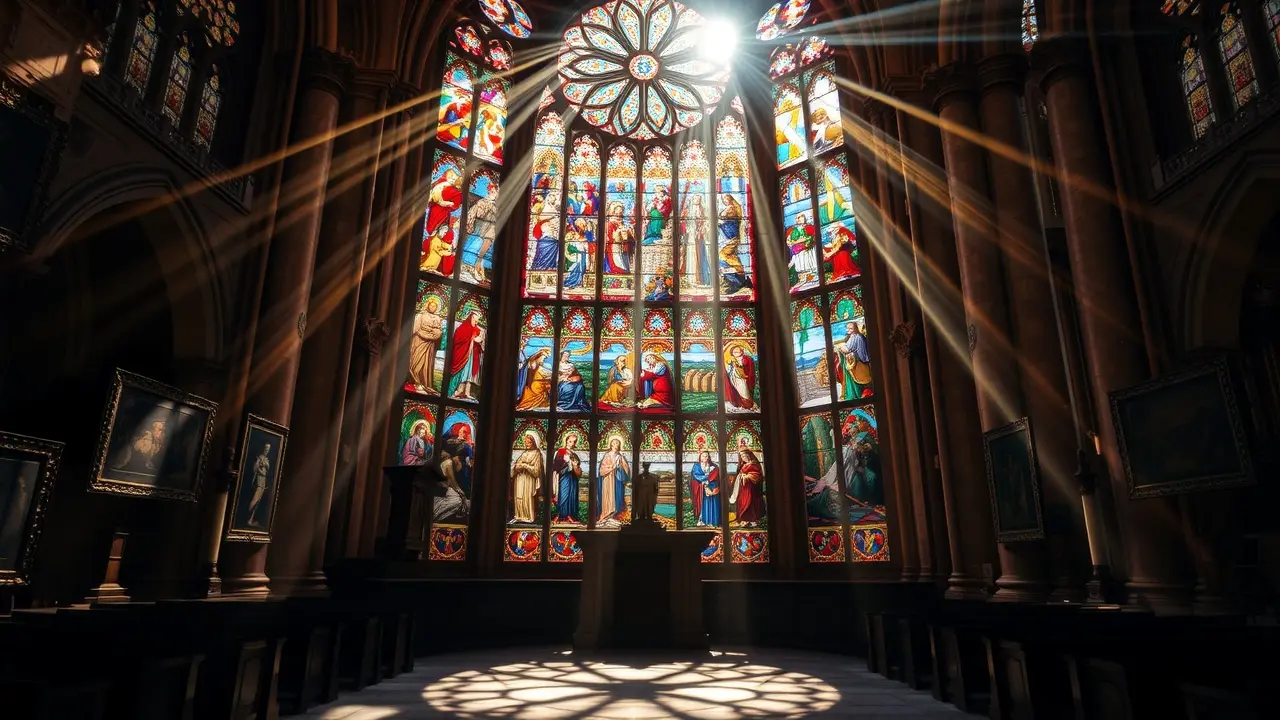 Vitral colorido em catedral, luz solar criando padrões