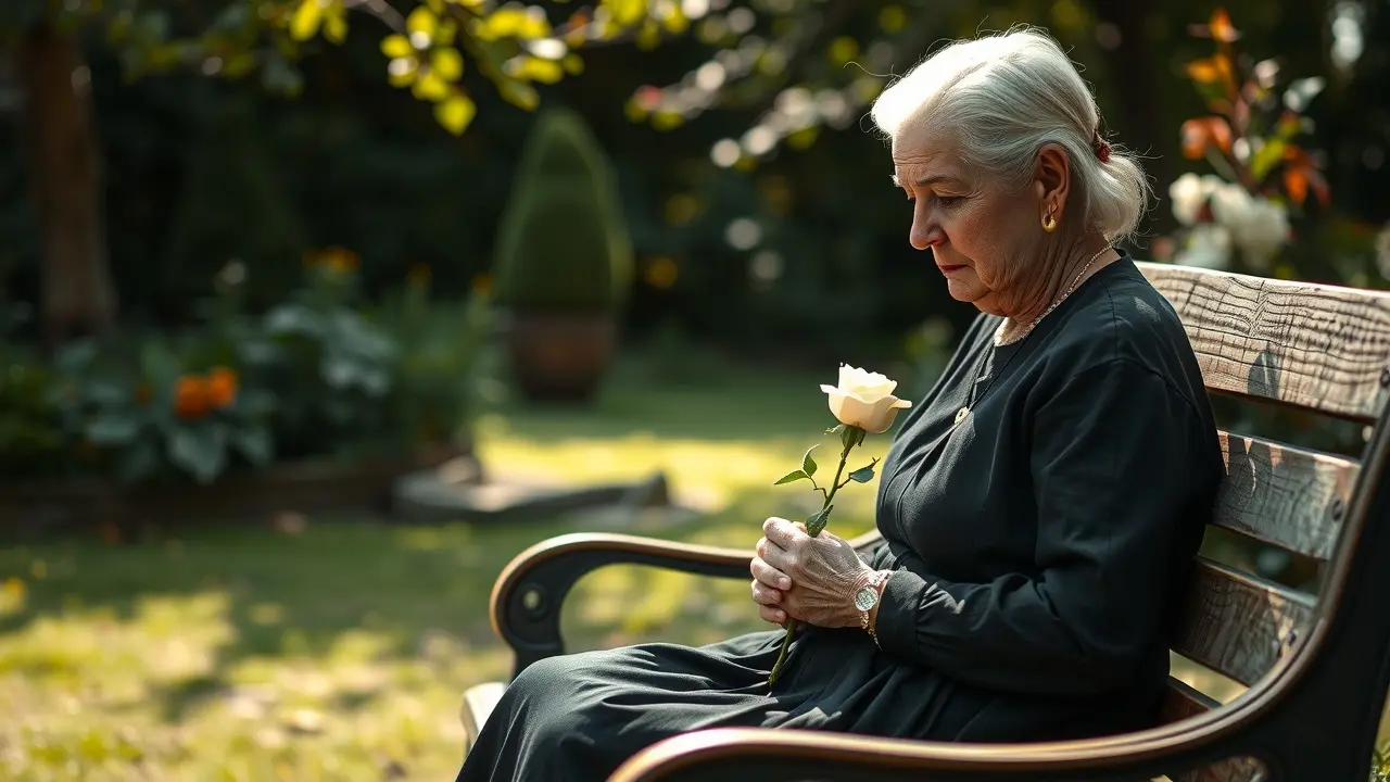 Sonhar com Viúva: Descubra os Significados e Interpretações Mulher idosa vestida de preto segurando uma rosa branca, representando uma viúva.