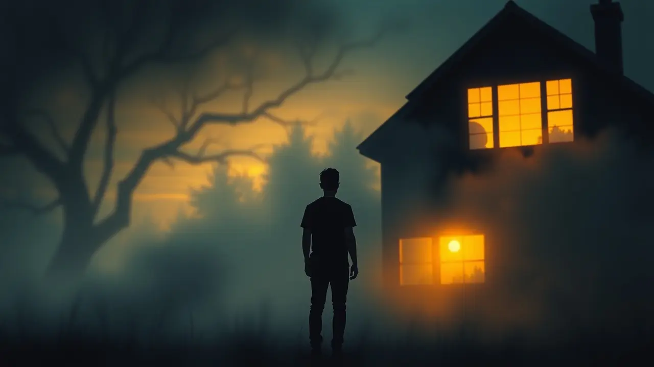 Mulher contemplando a casa do vizinho em sonho.