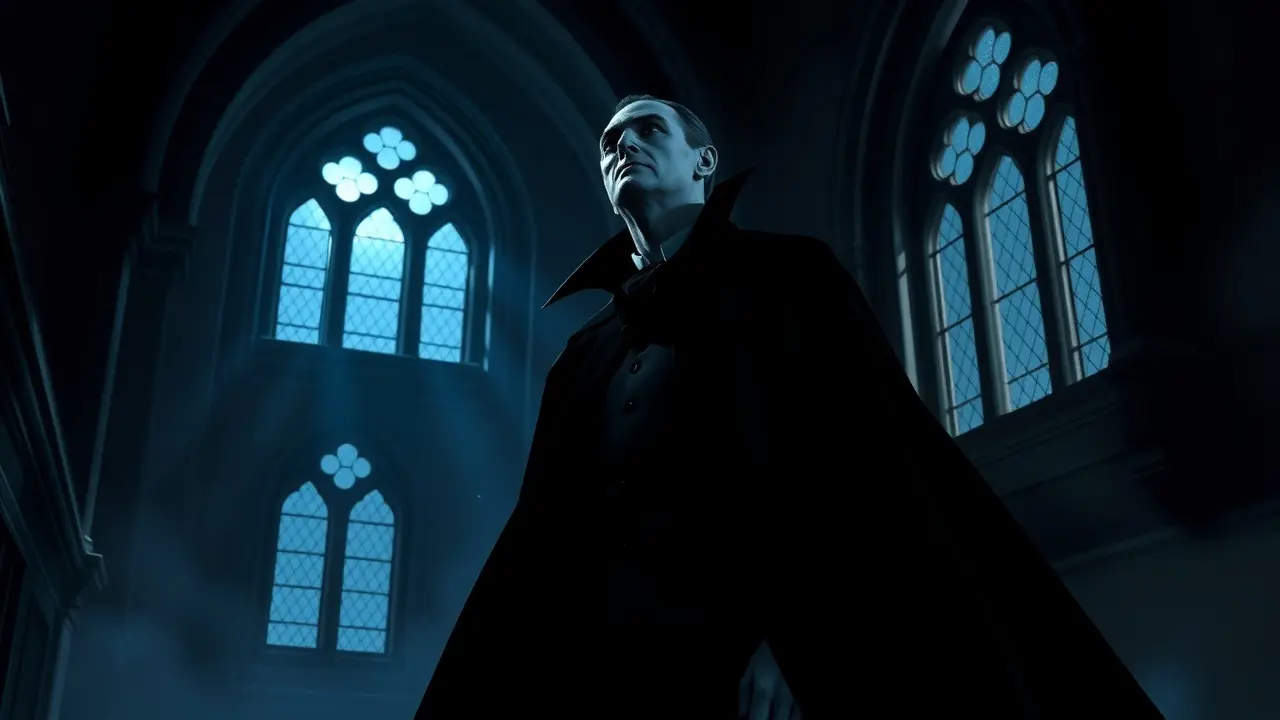 Vlad Drácula em castelo gótico, cena sombria e misteriosa.