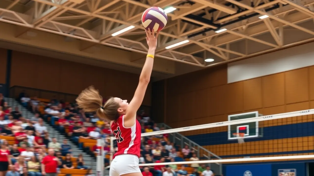 Jogador de voleibol fazendo um voleio espetacular.