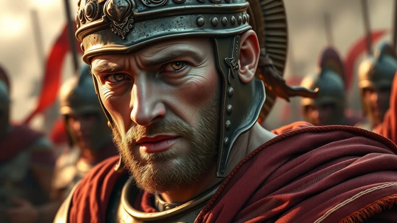 Centurião romano Lúcio Voreno em armadura de batalha.