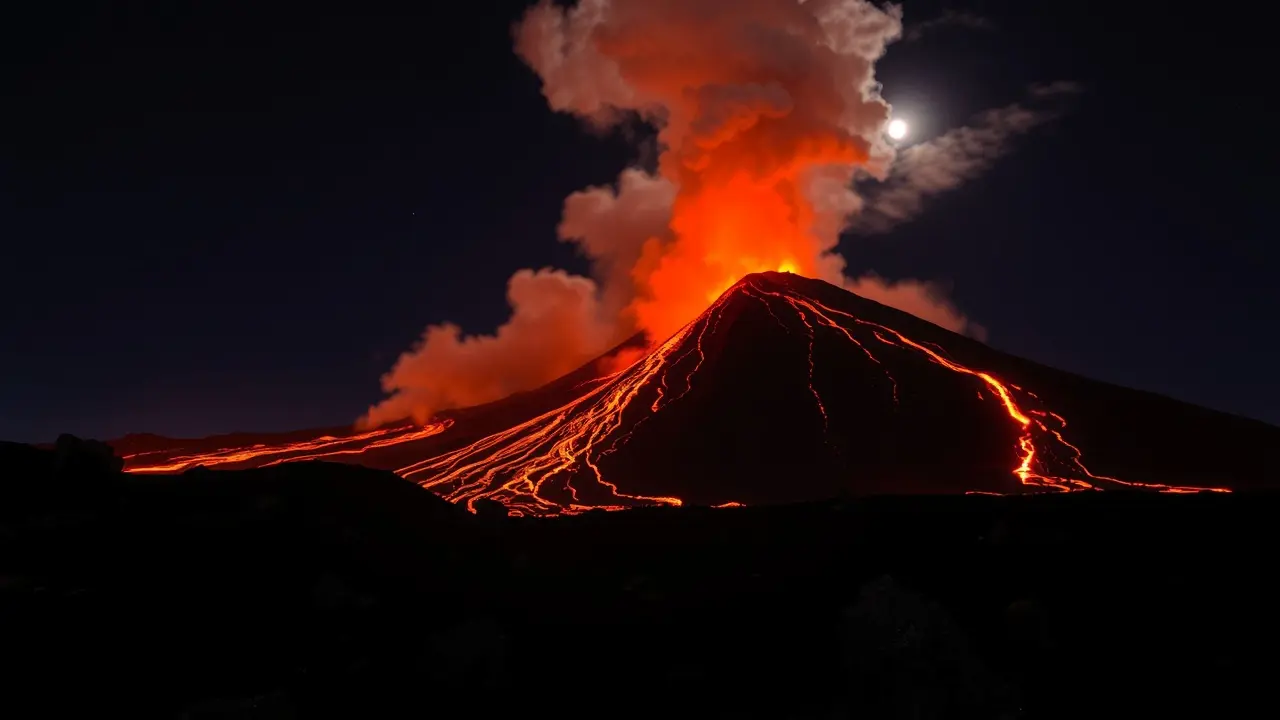 Vulcão em erupção expelindo lava à noite.