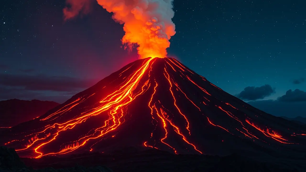 Erupção vulcânica noturna com lava.