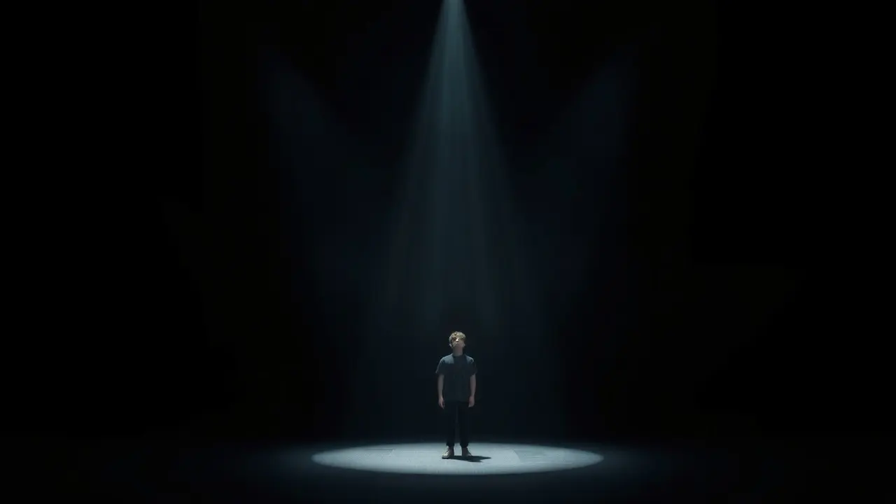 Pessoa exposta sob um holofote, simbolizando vulnerabilidade.