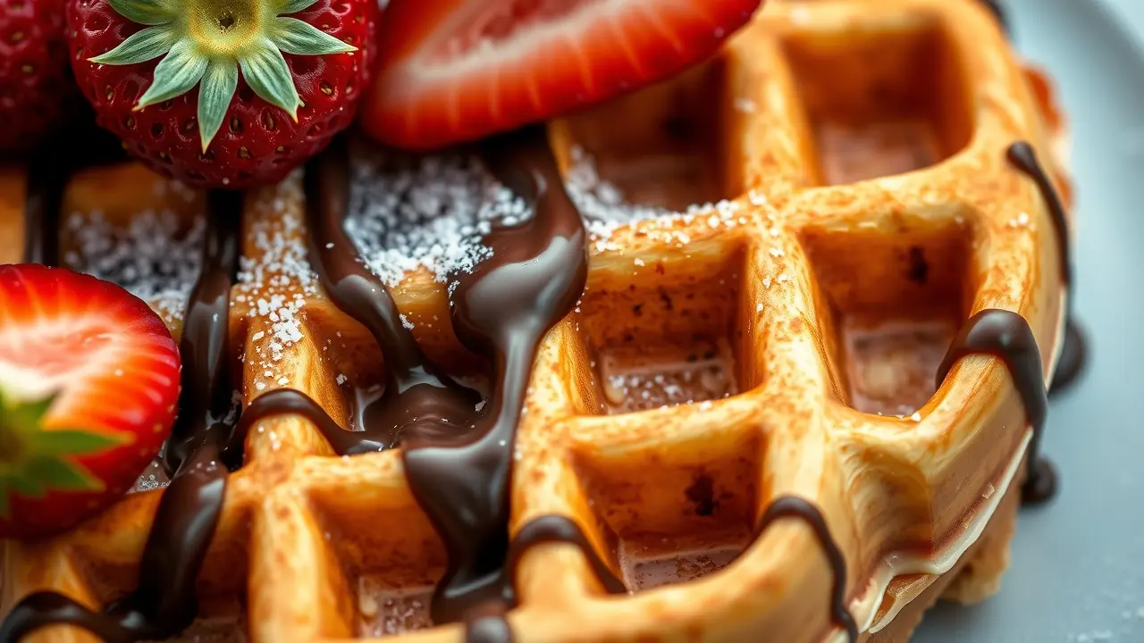 Waffle com chocolate e morangos