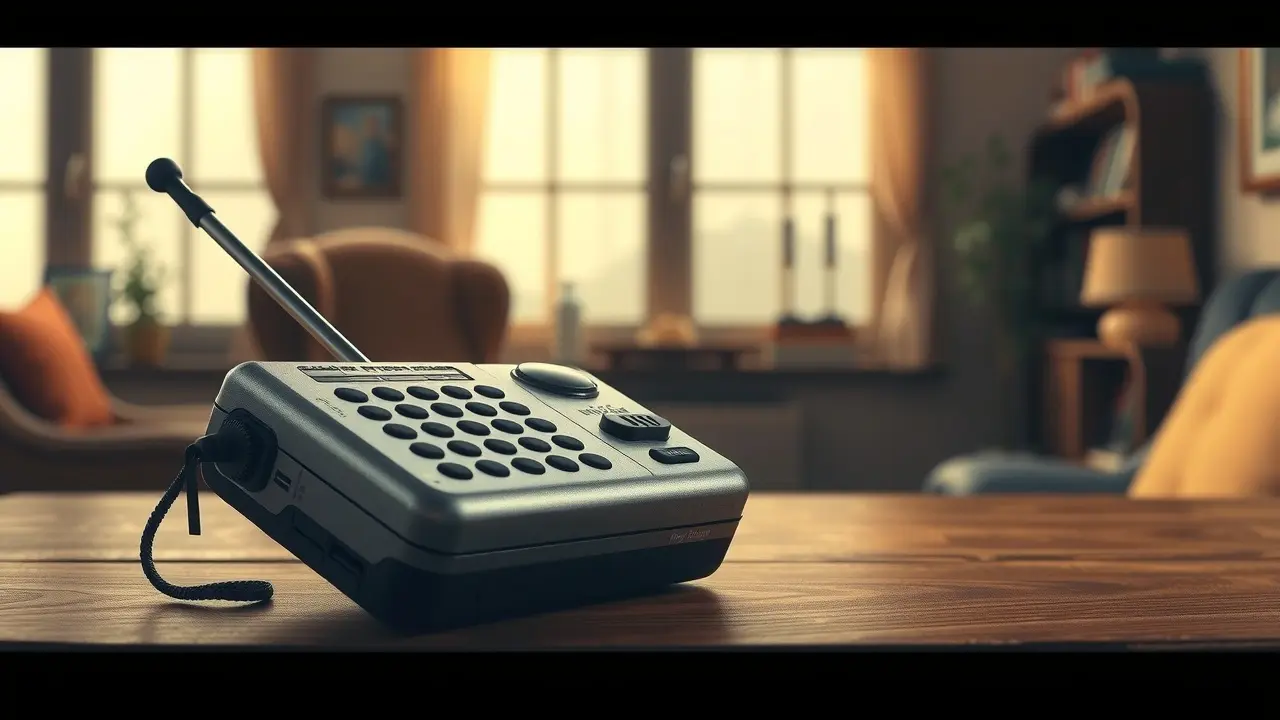 Walkie-talkie vintage sobre mesa de madeira.