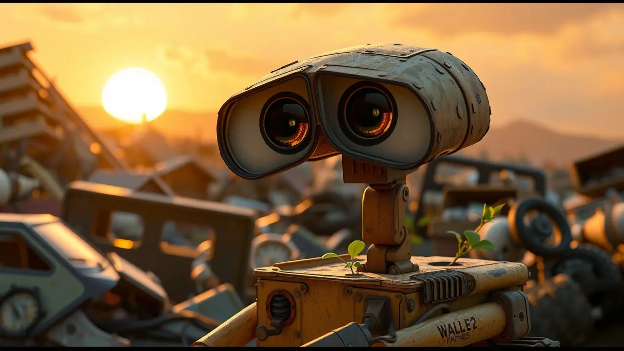 Significado de Sonhar com Wall-E: Desvende os Mistérios do Seu Subconsciente Wall-E em um cenário de sucata, com um broto de planta em uma bota.