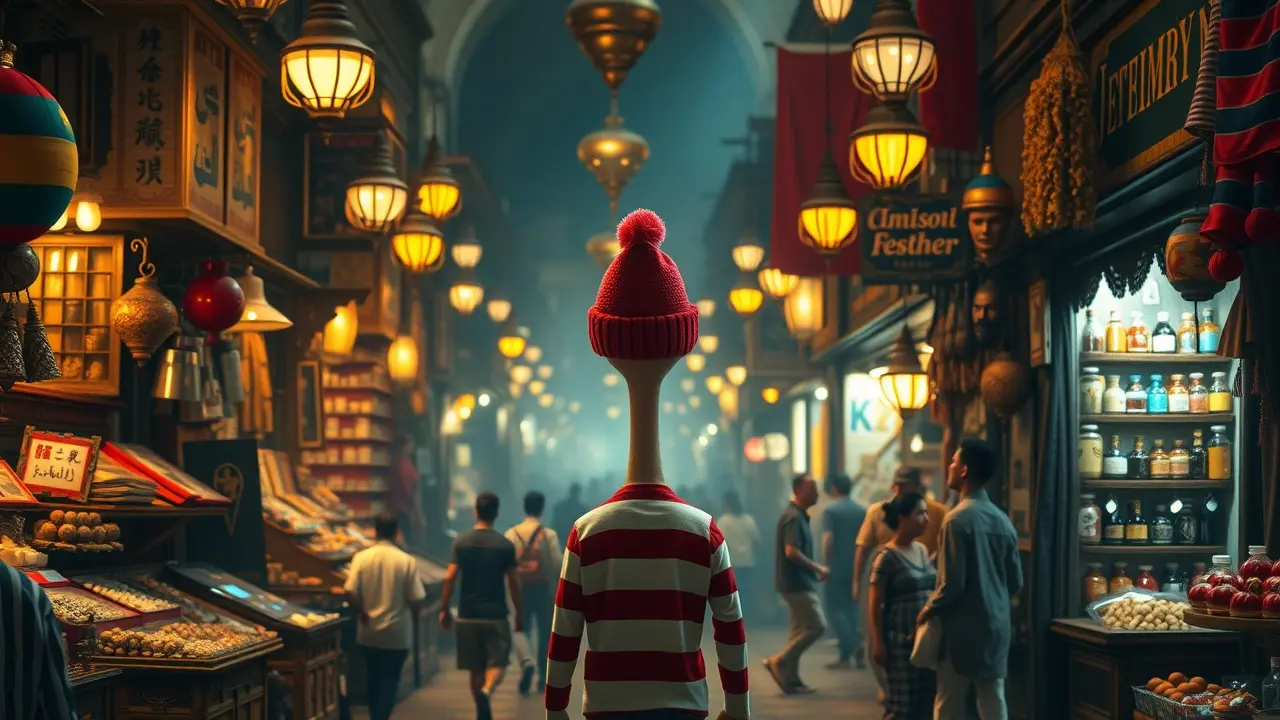 Significado de Sonhar com Wally: Desvendando os Mistérios do Escondido Homem vestido como Wally escondido em bazar movimentado